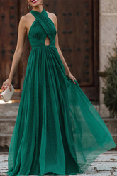 Vestido de noche formal liso con escote halter, espalda descubierta y hueco